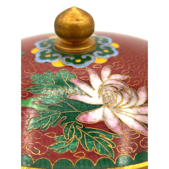 Vintage Chinese Cloisonné Enamel on Bronze Lidded Bowl Trinket Dish Floral Teal - Picture 15 of 16